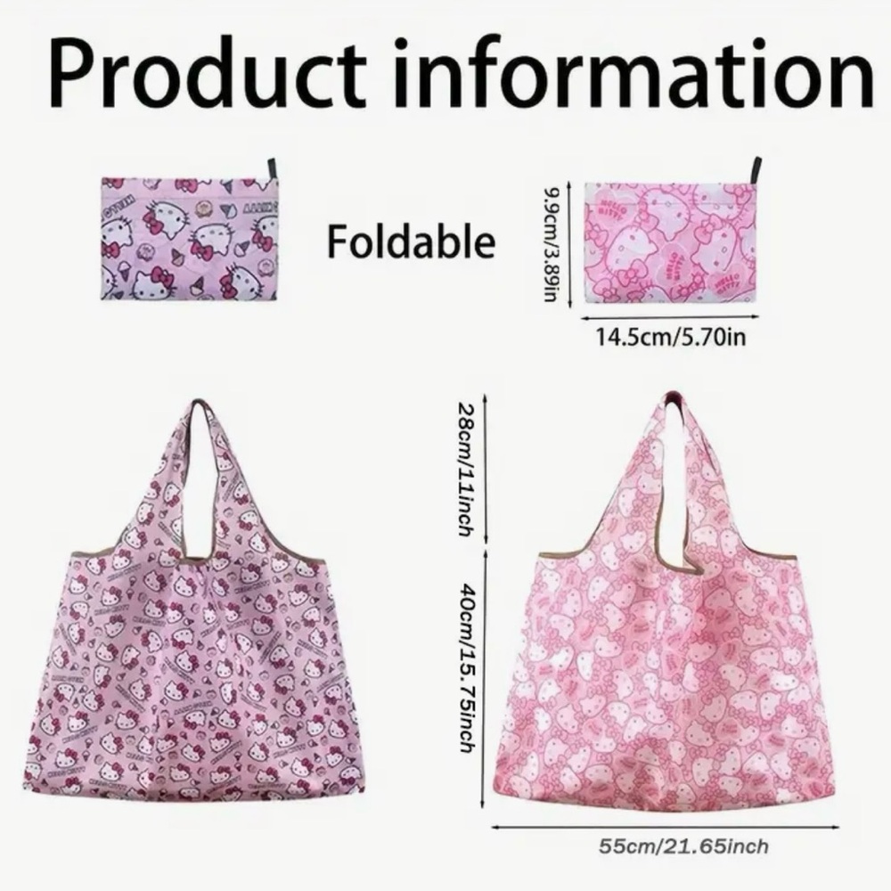 Sanrio HELLO KITTY Waterproof Portable Foldable Nylon Grocery Tote Bag - Picture 2 of 4